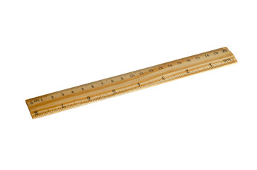 Yellow wooden ruler on a white background.