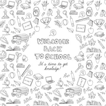 Back to school greeting card of kids doodles with bus, books, co