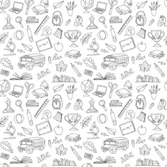 Back to school seamless pattern of kids doodles with bus, books,