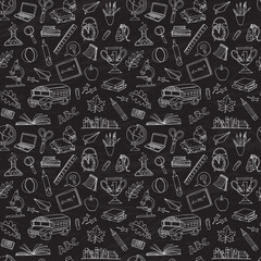 Back to school seamless pattern of kids doodles with bus, books,