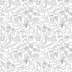Happy birthday party doodle black and white seamless pattern