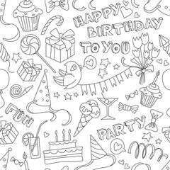 Obraz premium Happy birthday party doodle black and white seamless pattern
