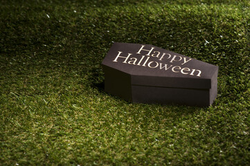 Halloween coffin on lawn 
