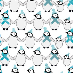 Vector Kawaii penguin baby cute seamless pattern background. Rows of cartoon emperor chicks with blue hats and scarves holding wings on antarctic white backdrop. Hand drawn winter all over print
