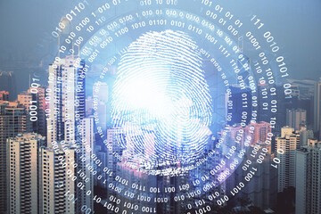 Double exposure of finger print hologram and cityscape background. Concept of personal security.