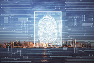 Double exposure of finger print hologram and cityscape background. Concept of personal security.