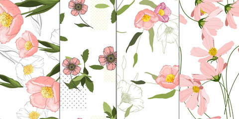 Vintage pink floral background. Vector fashion illustration. Abstract seamless flower pattern set for fabric design.