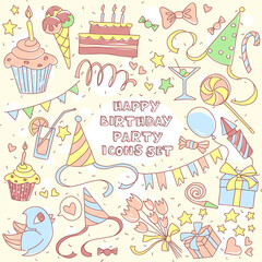 Happy birthday party set with hand drawn icons and lettering, gi