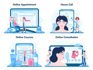 Cosmetologist online service or platform set. Young woman with skin