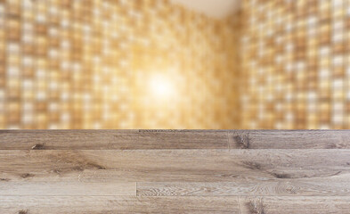 Clean and fresh bathroom with natural light. 3D rendering.. Sunset.. Abstract blur phototography. wooden table on blurred background.