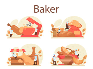 Baker concept set. Chef in the uniform baking bread. Baking pastry