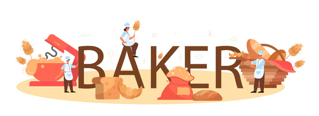 Baker typographic header. Chef in the uniform baking bread.