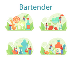 Bartender concept set. Barman preparing alcoholic drinks with shaker at bar