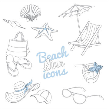 Summer beach vacation icons set. Doodle sketch style.