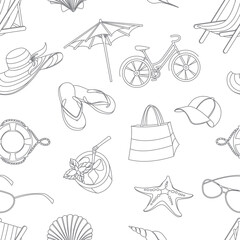 Summer icons seamless line pattern. Doodle style