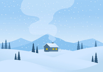 Fototapeta na wymiar Winter cartoon mountains landscape with house and smoke from chimney vector illustration, space for text