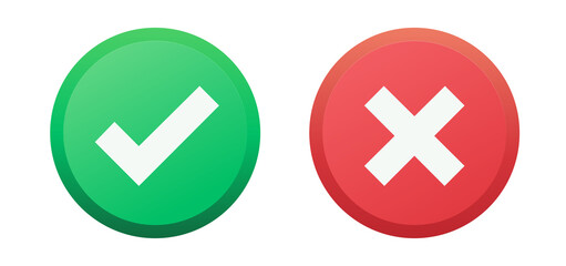 Check mark and cross icons. Acceptance, approval, rejection symbols. Vector flat yes and no signs and buttons