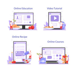 Cook or culinary specialist online service or platform set. Chef in apron