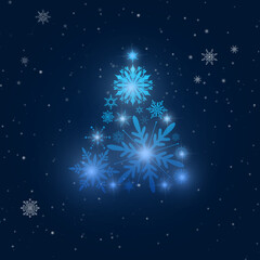 White snowflake Christmas tree on dark background. Christmas card