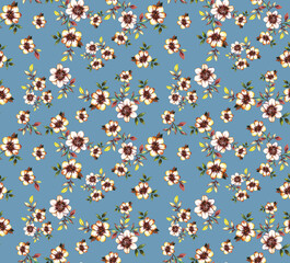 Watercolor bright floral tagetes pattern with light blue background.
