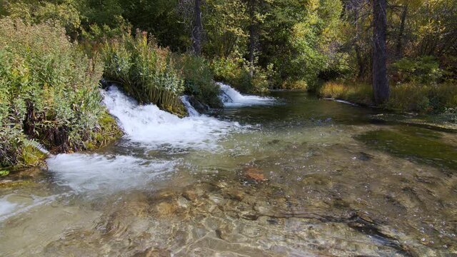 View of scenic stream flowing as water cascades into pool in Pine Creek Wyoming.