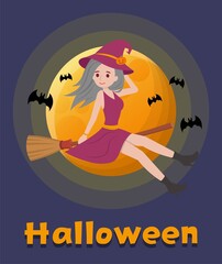 Halloween witch riding a broom in the night sky, cartoon comic vector illustration