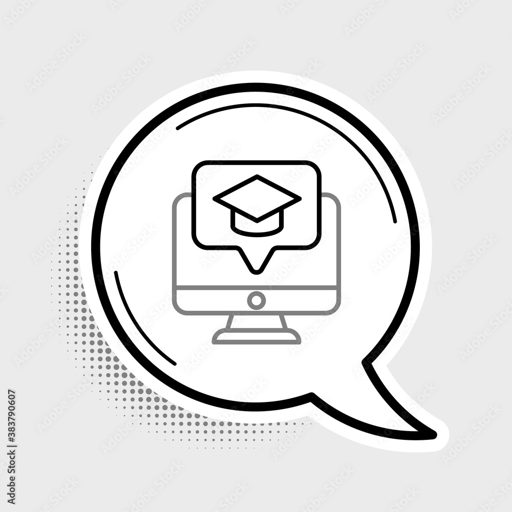Poster line computer monitor with graduation cap icon isolated on grey background. online learning or e-lea
