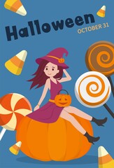 Halloween witch with candy poster, card graphic design, cartoon comic vector illustration