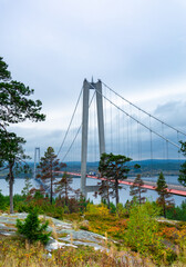 The High Coast Bridge in Sweden. It is a suspension bridge over the Angerman river between Kramfors and Harnosand municipalities in Adalen.