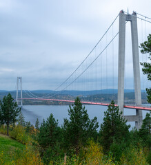 The High Coast Bridge in Sweden. It is a suspension bridge over the Angerman river between Kramfors and Harnosand municipalities in Adalen.