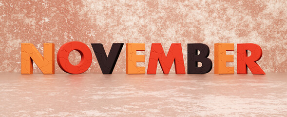 November text word colored in autumn season colors on wide banner calendar background