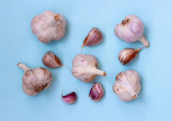 Five large heads of garlic and five cloves of garlic lie on a blue background, Flatley