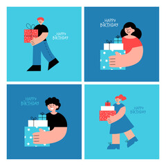 Set of vector greeting cards with people holding gift boxes isolated on blue background. Hand-drawn flat illustration collection with happy birthday lettering phrase. 