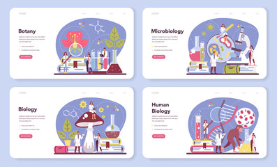 Biology science web banner or landing page set. Scientist make