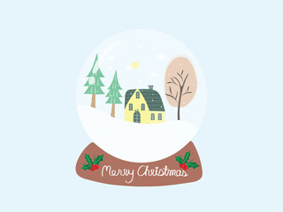 Sweet and beautiful snow ball with home and trees under snow fall and text Merry Christmas on pastel blue background. Cute vector art design night with snowfall for xmas and new year wallpaper.