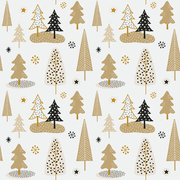 Seamless pattern for winter and winter holidays using hand drawn trees. For background, wallpaper, wrapping paper, scrapbooking, textile, etc.