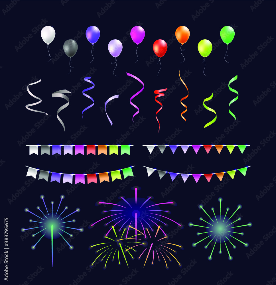 Poster set of realistic isolated colorful balloons and streamers on black background . isolated vector elem