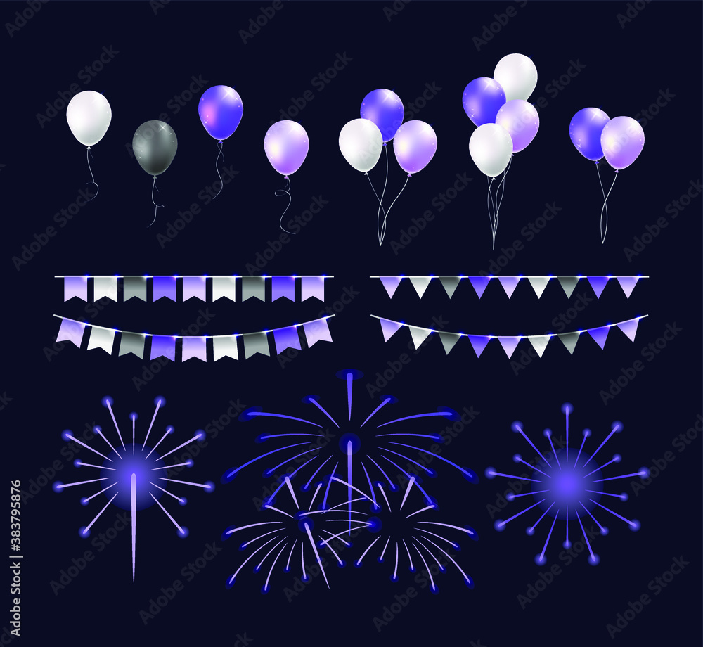 Poster set of realistic isolated colorful balloons and streamers on black background . isolated vector elem