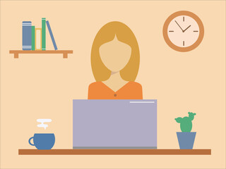 Girl in office. Computer work. Flat vector illustration.