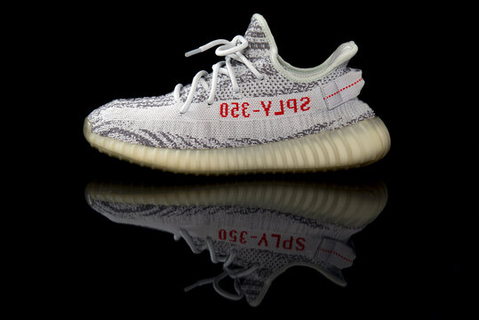 Adidas Yeezy Boost 350 "Zebra" Blue Tint shoe, studio shot
