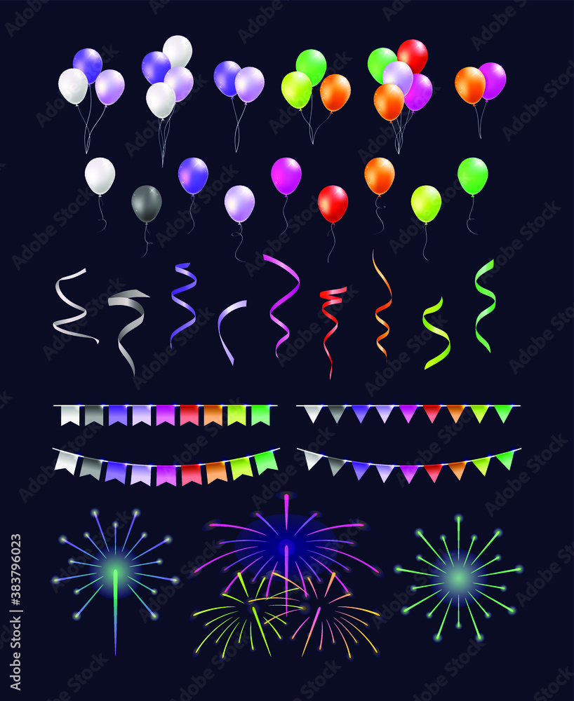 Poster set of realistic isolated colorful balloons and streamers on black background . isolated vector elem