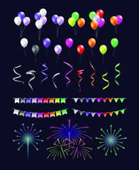 Fototapeta na wymiar Set of Realistic Isolated Colorful Balloons and Streamers on Black Background . Isolated Vector Elements