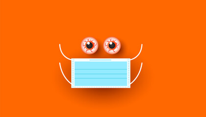 Minimalistic creative design poster with eyeballs and medical mask on orange background