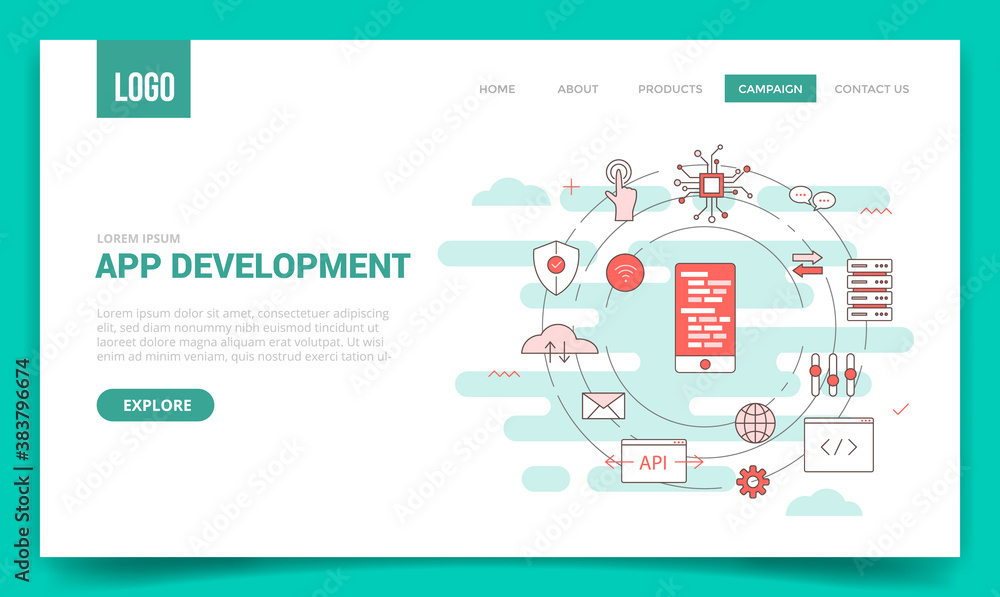 Poster app development concept with circle icon for website template or landing page banner homepage