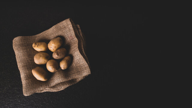 Homegrown potatoes fresh from the garden lying on burlap on black stone surface