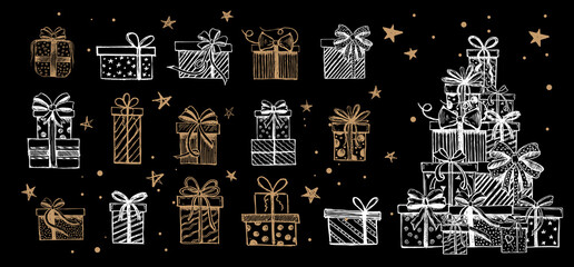 Doodle icons of gift box. Hand drawn elements.