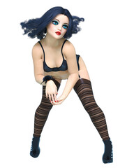 3D burlesque girl doll big blue eyes and bright makeup.