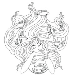 girl with fish in her hair coloring book. zodiac sign Pisces. goldfish in water, aquarium. dreamy girl with closed eyes. vector illustration drawn by lines isolated on white background