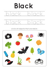 Learning black color for preschool kids. Writing practice.