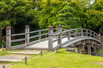 Fototapeta premium 日本庭園の池に架かる木製の橋